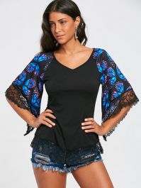 Butterfly Raglan Sleeve Lace Trim T-shirt - Blue-0 - 2
