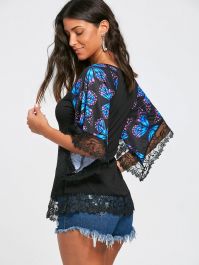 Butterfly Raglan Sleeve Lace Trim T-shirt - Blue-0 - 4