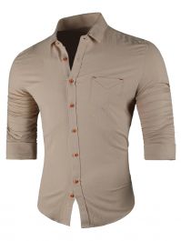 Chest Pocket Long Sleeve Casual Shirt - Khaki-0 - 1