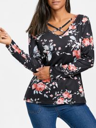 Criss Cross Floral Long Sleeve Top - Black-0 - 1