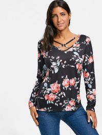 Criss Cross Floral Long Sleeve Top - Black-0 - 2