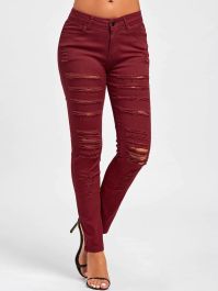 Distressed High Rise Colored Skinny Jeans - Red-0 - 1
