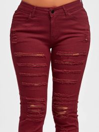 Distressed High Rise Colored Skinny Jeans - Red-0 - 2