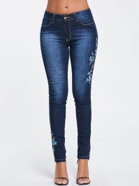 Floral Embroidered Skinny High Waisted Jeans - Blue-0 - 2