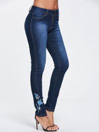 Floral Embroidered Skinny High Waisted Jeans - Blue-0 - 3