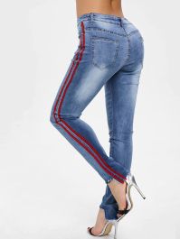 Ripped Raw Hem Side Stripe Jeans - Denim Blue-0 - 1