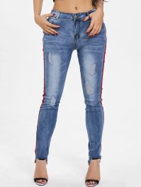 Ripped Raw Hem Side Stripe Jeans - Denim Blue-0 - 2