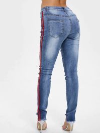 Ripped Raw Hem Side Stripe Jeans - Denim Blue-0 - 3