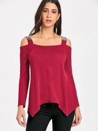 Sequins Cold Shoulder Long Sleeve T-shirt - Red-0 - 1
