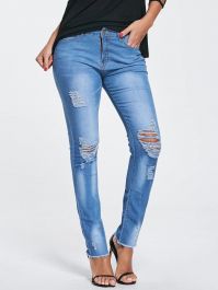 Skinny Frayed Ripped Jeans - Blue-0 - 1