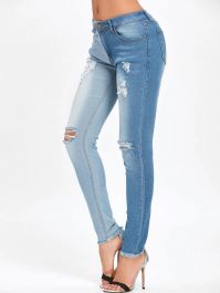 Two Tone Color Ripped Jeans - Blue-0 - 1