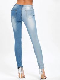 Two Tone Color Ripped Jeans - Blue-0 - 2