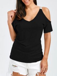 V Neck Cold Shoulder Tee - Black-0 - 1