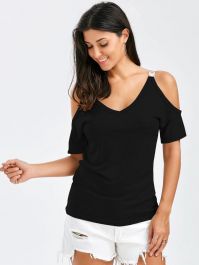 V Neck Cold Shoulder Tee - Black-0 - 2