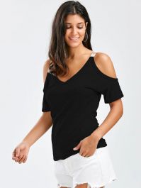 V Neck Cold Shoulder Tee - Black-0 - 3