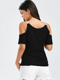 V Neck Cold Shoulder Tee - Black-0 - 4