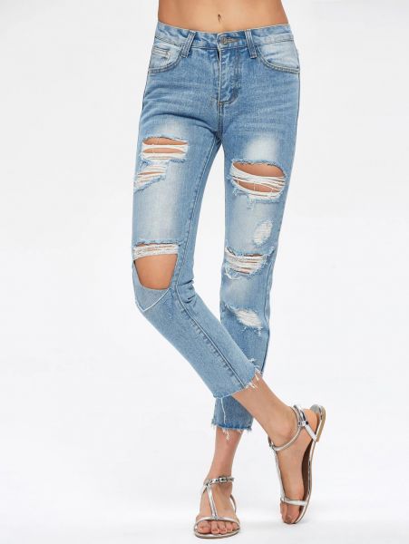Destroyed Cropped Jeans - Blue-0-1