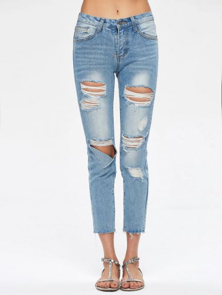 Destroyed Cropped Jeans - Blue-0-2