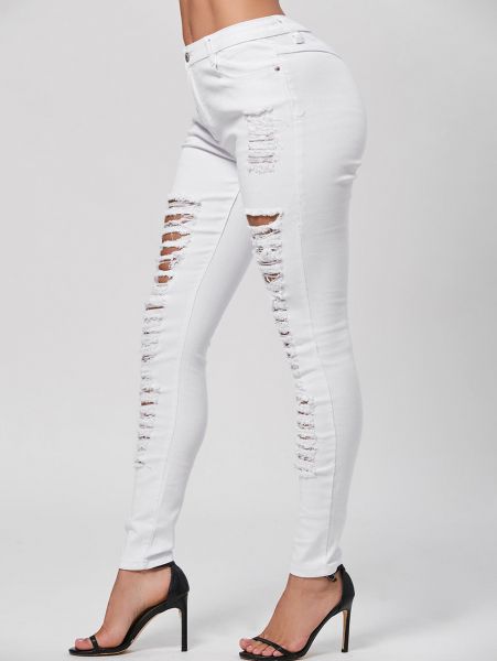 Distressed Skinny Jeans - White-0-2