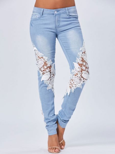 Lace Insert Staright Jeans - Blue-0 - 1