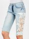 Knee Length Lace Insert Denim Shorts - Light Blue-0